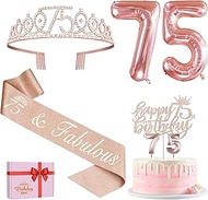 75th Birthday Decorations for Women - Sash, Tiara, Cake Topper, Number Candles, Balloons, 3D Card - 
