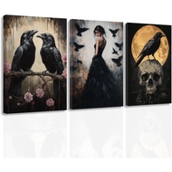 ZXHYWYM 3 Piece Gothic Canvas Wall Art Black Goth Crow Skull Pictures Set Skeleton Prints Dark Hallo
