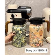 Handheld Thermal Teapot with Imitation Wood Pattern 1500ml & Premium Mini Thermal Water Bottle 1000m