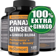 NooMost Authentic Korean Red Panax Ginseng Ginkgo Biloba 120 Vegan Capsules Ginseng Root Extract Powder 1000mg (10% Ginsenosides) + Gingko Biloba 60mg Energy Focus Pills Men Women