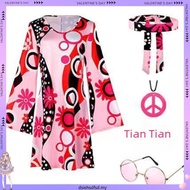 Hippie Costume 60s 70s Women Disco Dress Halloween Boho Flared Hippie Dress with Headband