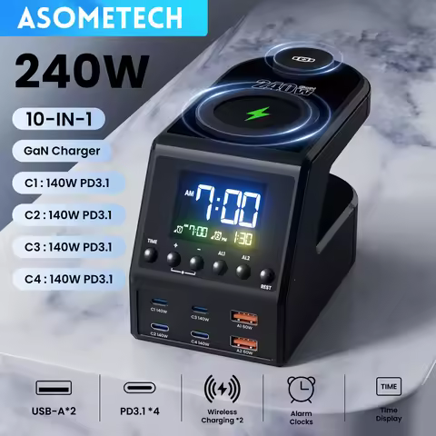 240W GaN Charger Station 4×140W PD3.1 USB Type C Wireless Fast Charger for MacBook iPad Samsung Alar