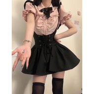 Hot girl jk suspender dress suit women's college style puff skirt design short skirt miu two-piece s