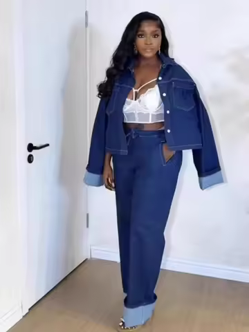 Streetwear Denim 2 Piece Sets Women Outfit Spring Clothes Women Long Sleeve Shirt Straight Jeans Pan