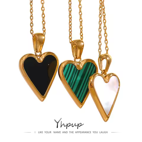 Yhpup Acrylic Natural Shell Heart Pendant Necklace Stainless Steel Jewelry Fashion Chain Collar Neck