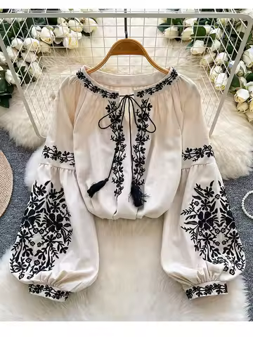 Women Bohemian Blouse Embroidered Lace Up V- Neck Lantern Sleeve Blouse Autumn Embroidery Linen-cott