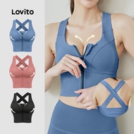 Lovito Sporty Sports Bra Skinfriendly Push Up 4way Stretchy Zipper Blue Sports Bra for Women LNA1290