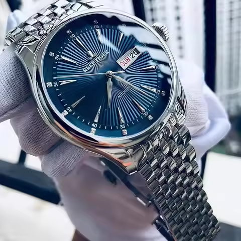 Reef Tiger Men's Luxury Dress Watch — Stainless Steel Bracelet, Blue Dial, Automatic Mechanical Move
