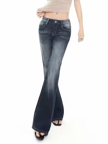 2026 New Ladies American Vintage Washed Micro Flare Denim Pants High Waist Slim Lazy Floor-Length Re