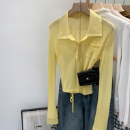 95497 Lyocell Fiber Narrow-Waist Lace-Up Yellow Lapel Long-Sleeve