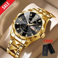 [With Free Box] BINBOND Top Brand Luxury Men's Watch Waterproof Luminous With Automatic Date Week Quartz Watches Prismatic Diamond Dial Stainless Steel Fashion Casual Business Golden Wristwatch