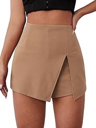 Women's Solid High Waist Skort Asymmetrical Split Hem Short Skirt Camel XS