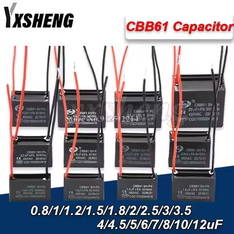 1PCS CBB61 450V Start Capacitor 0.8 1 1.5 1.8 2 2.5 3 4 5 6 7 8 10 12 15 18 20UF Fan Ceiling Exhaust