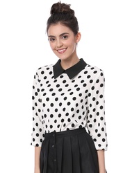 Women's Polka Dots Contrast Peter Pan Collar Top 3/4 Sleeves Blouse Shirt