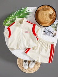 SHEIN 寶貝男女運動休閒彩色短袖夾克套裝，立領和彈性腰短褲，適合夏季