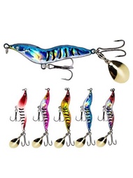 5pcs Plantilla De Pesca 7/14/21/28g Señuelo De Fundición Largo Hardbaits Jigging De Hundimiento Lento Ojos 3d Hoja Giratoria Cebo De Arrastre Lentejuelas De Metal Señuelo De Camarón Con Anzuelo Triple Accesorios De Pesca