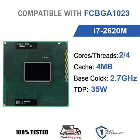 Intel Core I7-2620M 2 Core 4 Thread 2.7GHz 35W 4MB Cache 32nm FCBGA1023 / PPGA988 SR03F DDR3 1066/13