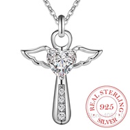 Genuine 925 Sterling Silver Jesus Cross Necklace Fine Jewelry Double Angel Wings Heart Zirconia Pendant Necklace Holiday Sale