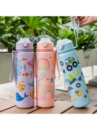 1pc 750ml/25OZ Cute Cartoon Themed Water Bottle With Straw, Portable, Easy To Clean, Suitable For Ou