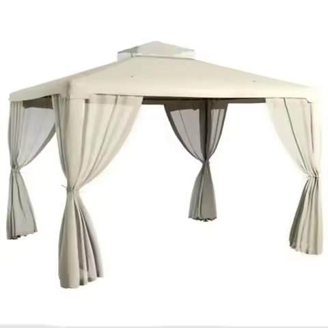 9.6' x 11.6' Outdoor Patio Gazebo with Steel Fe 2-Tier Roof and Netting in Beige for Garden Lawn Bac