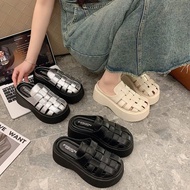 (Standard size QCCC)Women's LEATHER Strappy Sandals 7-8Cm Height Sole Super Cute Bread Sole Sandals 