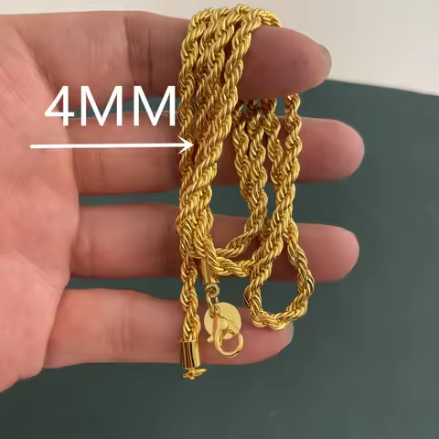 Bestseller 24K 999 Gold 4mm Twist Rope Chain, 24 Inch Unisex Necklace, Classic Braided Jewelry Gift 