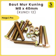 M8x40mm Bolt + Yellow Hexagon Nut (12 KEY) | Bolt 12 (8mm) x 4cm M8 Bolt Bolt and Nut