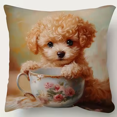 1pc Charming Teacup Poodle Decorative Pillow Cover, 18x18 Inch, Soft Short Plush with Floral Teacup 