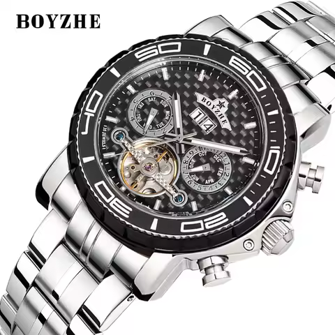 BOYZHE Brand Luxury Tourbillon Mechanical Watch Men Sports Waterproof Stainless Steel Classic Date W