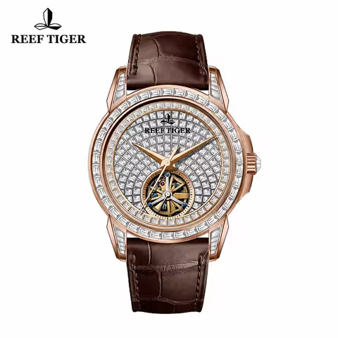 Reef Tiger Luxury Classic Men's Automatic Mechanical Watch – Zircon-Accented Skeleton Dial, Sapphire