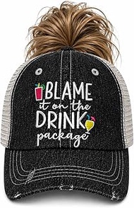 Blame It On The Drink Package Cruise Hat Embroidered Messy Bun Top Ponytail Top Opening Baseball Hat