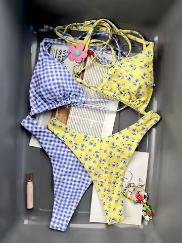 Blue plaid and yellow floral romantic encounter bikini set