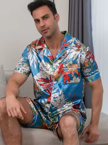 Two piece sets for men's pajamas summer short sleeved shorts leaf pattern printed home clothes sleep