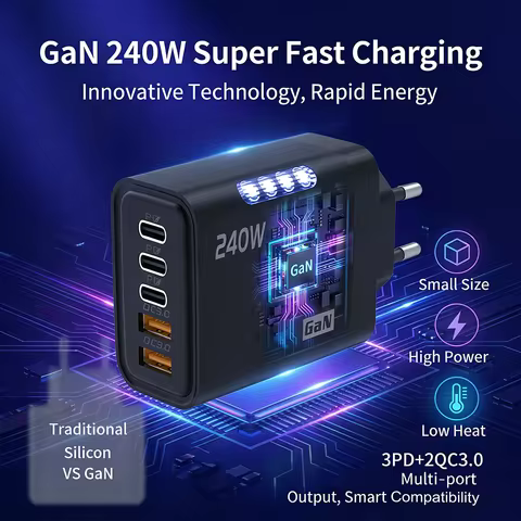 240W Fast GaN Charger with Status LED 3 USB-C PD Ports 2 USB-A QC3.0 for iPhone 17 16 Huawei Mate 70