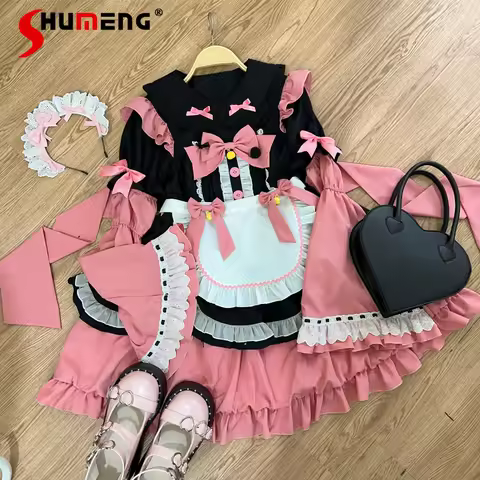 Japanese Rojita Style Original Design Lolita Dresses Maid Chinese Short Sleeves Slim Fit Kawaii Op D