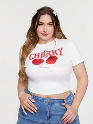 SHEIN Qutie 大尺碼女性簡約字母水果印花短袖t恤