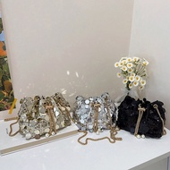 1pc Drawstring Closure Fashionable Sequined Avant-Garde Mini Bucket Bag, Niche Design High-Value Cha