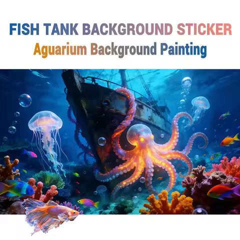 The Glowing Octopus, Fish Tank Background Painting, Aquarium Stickers, Self-Adhesive Front, Aquarium