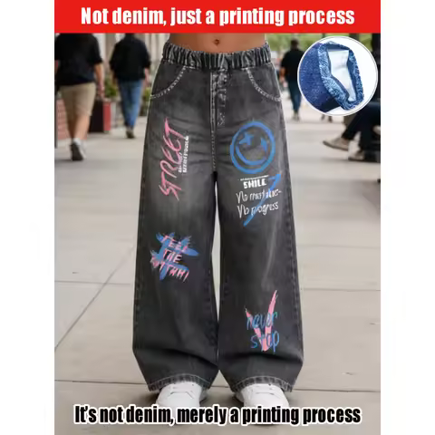 2026Children's Cartoon Smiley Face，English-style Faux Denim Jeans Children's Street Fashion Casual P