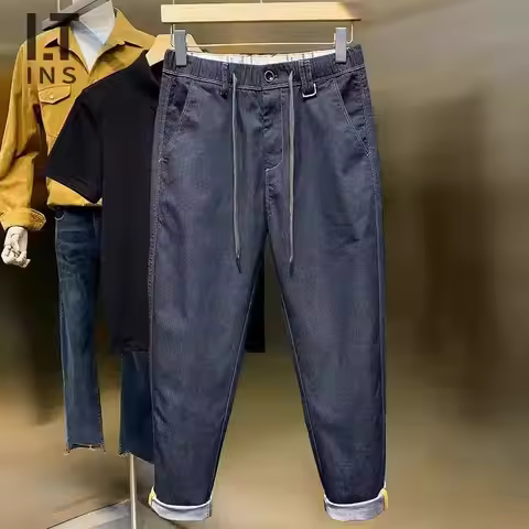 Summer and Autumn Drawstring Designer Denim Harem Baggy Cowboy Elastic Waist Handsome Trousers Casua