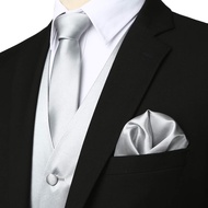 Men's Solid 4pc Shiny Satin Vest Necktie Bowtie Pocket Square Set for Suit or Tuxedo