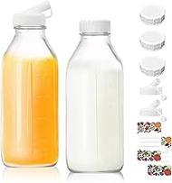 LUPATDY Set of 2 Glass Bottles 1 Litre, Glass Bottles with Lid, Glass Water Bottle, Drinking Bottle 
