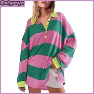 Women Sweatshirt Colorblock Striped Turn-down Collar Long Sleeves Buttons Loose Pullover Top Casual 