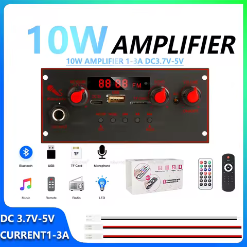 10W Bluetooth Amplifier Kit with Remote, Display & Power Cable DC 3.7-5V USB for Desktop Mini Speake