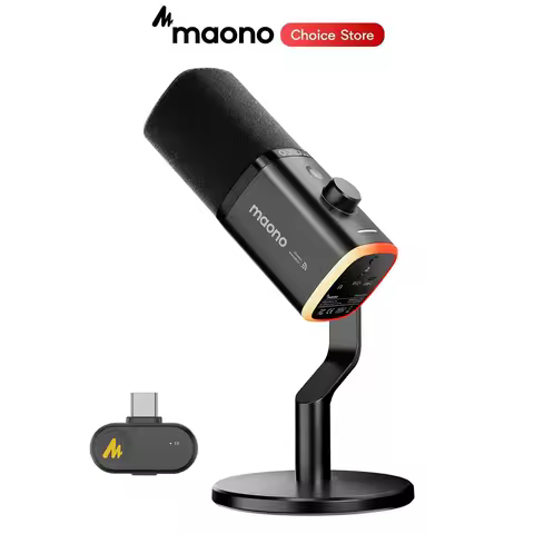 MAONO PD100W USB Wireless Dynamic Microphone Cardioid Mic 50m Range One-Touch Noise Reduction RGB fo