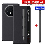 With Touch Pen Slot Flip Cover for Honor Magic V3 Case Leather Smart View Protection Phone Capa for 