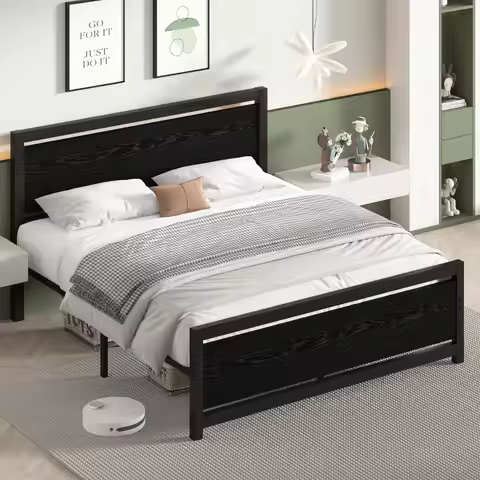 Catrimown Queen Size Bed Frame with Wood Headboard, Queen Bed Frame, Metal Queen Bed Frame with Stro