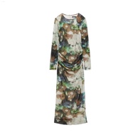 Stock UR ZARAˉCOS Womens Round Neck Thin Long Skirt Pleated Decoration Silk Screen Printing Midi Dre