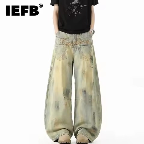 IEFB Vintage Men's Jeans Dirty Wash Distressed Embroidered Script Oversized Wide Leg Fit Retro Stree
