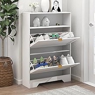 UYIHOME White Shoe Cabinet for Entryway, Slim Shoe Storage Cabinet with 2 Flip Drawers and Open Shelf, 3-Tier Wooden Shoe Rack Cabinet for Hallway Apartment